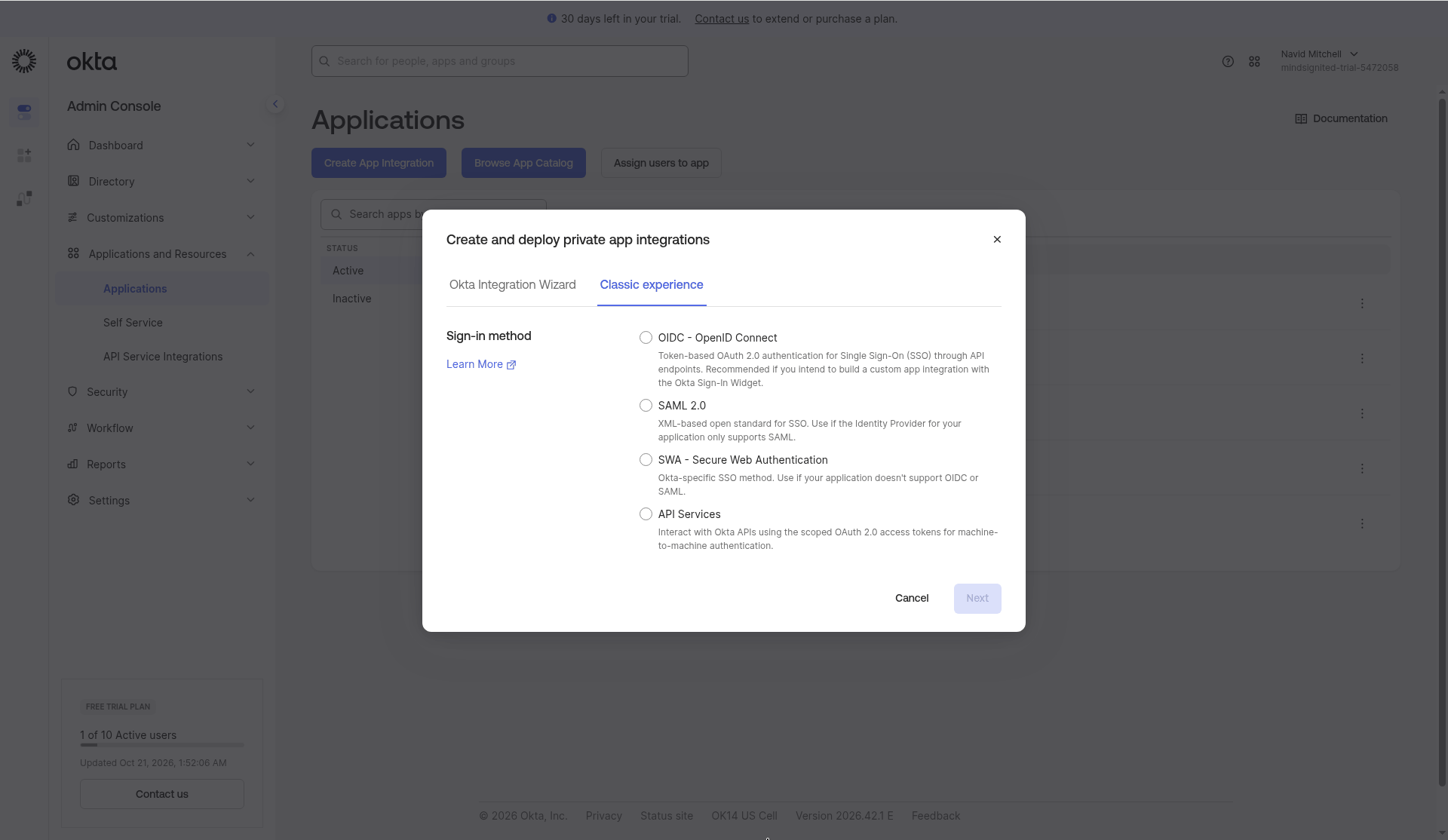 Create app integration dialog
