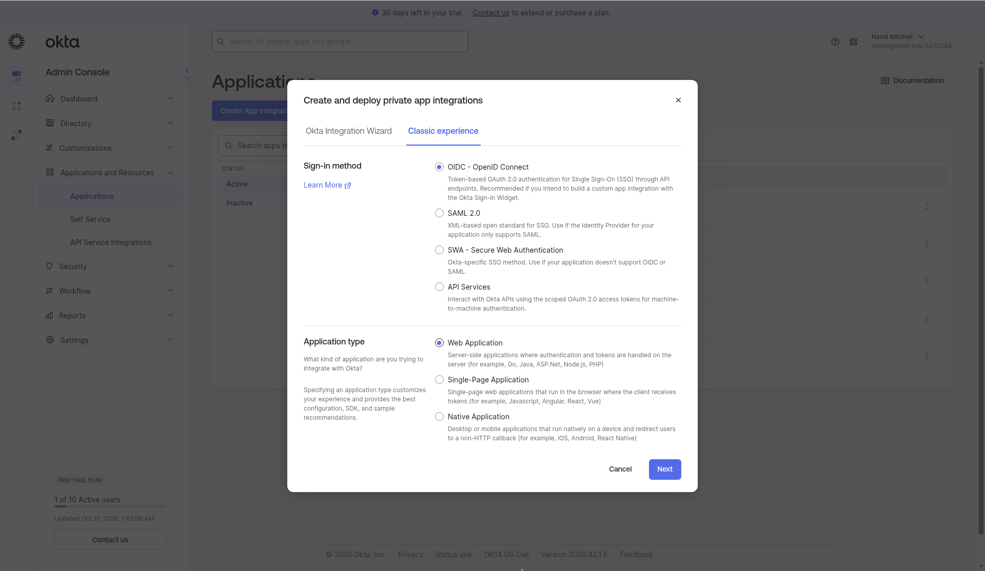 OIDC - OpenID Connect and Web Application selected