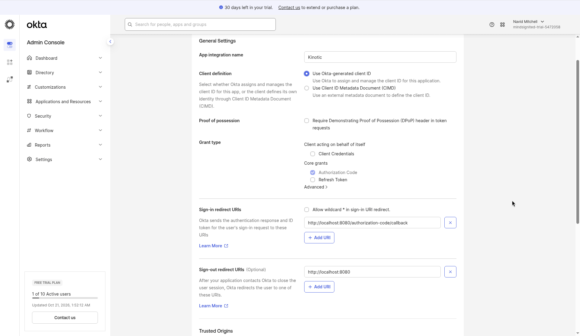 Grant type and redirect URIs