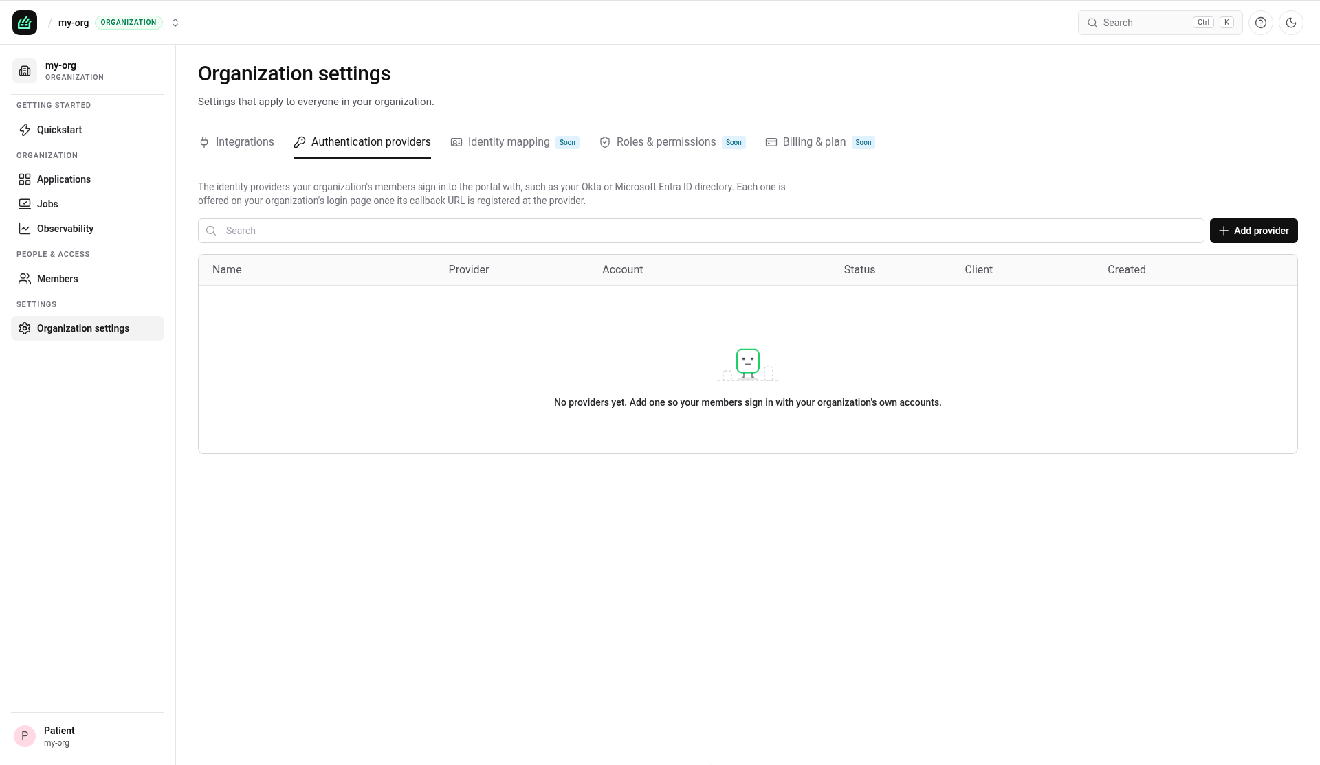 Authentication providers tab